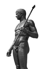 Obraz premium Ancient naked strong man sculpture. Young male athlete with spear statue isolated on white background