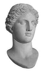 Ancient white marble sculpture head of young woman. Statue of sensual renaissance art era woman antique style. Face isolated on white background