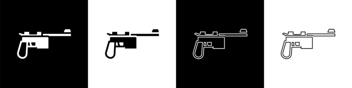 Set Mauser gun icon isolated on black and white background. Mauser C96 is a semi-automatic pistol. Vector.