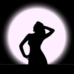 vector illustration of a black silhouette of a beautiful girl with long hair and eyelashes arched at the waist, right hand to the side, left on the head against the background