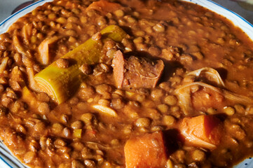 Hot Lentils with chorizo, a Spanish traditional stew