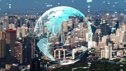 Global connection and the internet network modernization in smart city . Concept of future 5G...