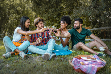 friends toasting with red wine gathering at the picnic, sitting on the grass. A group of multiracial young people clinking wineglasses in the nature