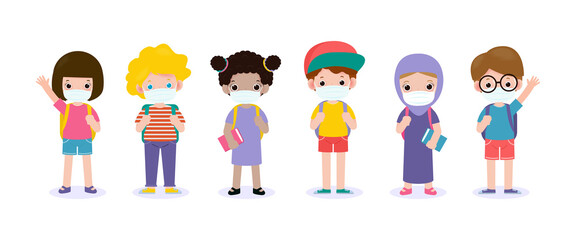 Back to school for new normal lifestyle concept. set of happy school kids wearing face mask protect corona virus or covid 19, preschoolers children teenagers characters Pupils with book and backpacks