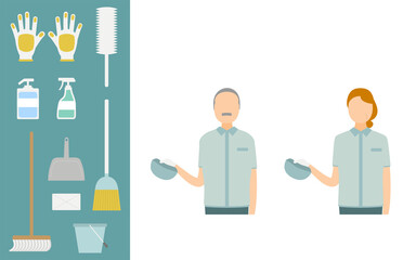 清掃スタッフと掃除グッズのイラストセット、上半身