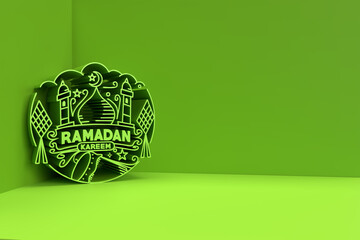 3D Render illustration of a Mosque Design with Ramadan kareen Text. Eid Mubarak Celebration.