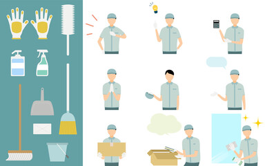清掃スタッフと掃除グッズのイラストセット、上半身