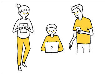 スマホとパソコンとタブレットを見る家族