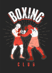 Boxing Club and martial arts sport fight typographical vintage grunge style poster, logo, emblem design. Two boxers are fighting. Retro vector illustration.