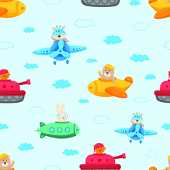 Seamless pattern of baby cute animals, bear, cat, deer, hare on airplane, tank and submarine. February 23. Defender of the Fatherland Day. Young soldier. Designed for print, fabric, textile, postcards