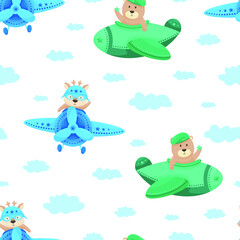 Seamless pattern of baby cute animals, bear, cat, deer, hare on airplane, tank and submarine. February 23. Defender of the Fatherland Day. Young soldier. Designed for print, fabric, textile, postcards