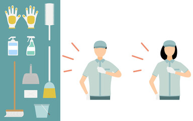 清掃スタッフと掃除グッズのイラストセット、上半身