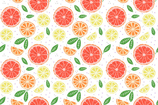citrus mix and leaves seamless pattern on white background