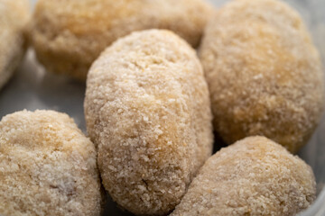 Close up fried croquettes. Homemade cooking concept.
