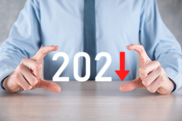 Plan business negative growth in year 2021 concept. Businessman plan and increase of negative indicators in his business, decline down business concepts.