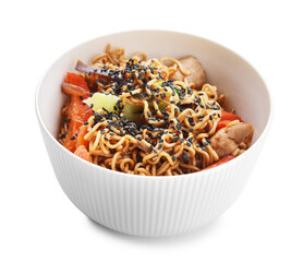 Bowl with tasty noodles and meat on white background