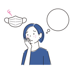 マスクの着用が原因で肌荒れになってしまった女性 シンプル イラスト ベクター 