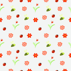 Seamless spring background. Flowers, bees and ladybugs. Vector in flat style. Spring Summer. Cheerful childrens background. Suitable for fabric, packaging and wallpaper