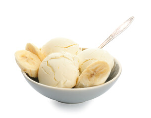 Plate with tasty banana ice-cream on white background