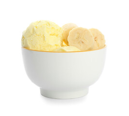 Bowl with banana ice-cream on white background