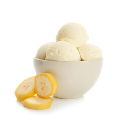 Tasty banana ice-cream in bowl on white background