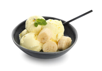 Tasty banana ice-cream in plate on white background
