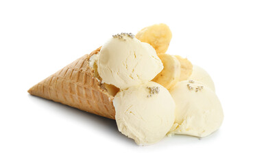 Delicious banana ice-cream on white background