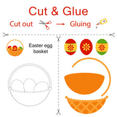 Cut and glue is the paper game for the development of preschool children. Cut parts of the image and glue on the paper. Basket with painted Easter eggs. Vector illustration in flat style