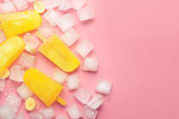 Tasty banana ice cream and ice cubes on color background