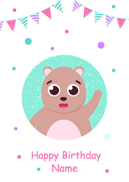 Festive vector card with the image of a cheerful cat, hare, bear and crab. On a white background. Congratulation. Happy Birthday. For printing, postcards, covers, notebooks