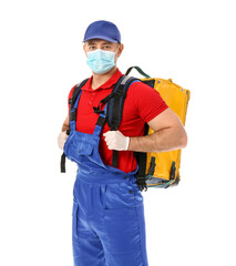 Courier of food delivery service on white background