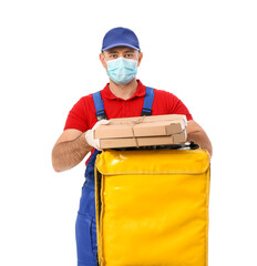 Courier of food delivery service on white background