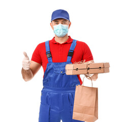 Courier of food delivery service showing thumb-up on white background