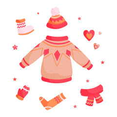 Vector items of clothing warm for autumn and winter.
Warmth, Christmas, comfort. For printing, postcards, stickers, textiles, fabrics and wrapping paper.