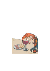 illustration of a girl with a glass of wine lying on the table, drinking red wine,  sleeping