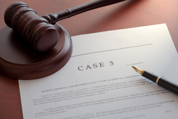 law case document and pen with judge gavel on desk.