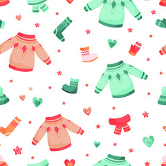 Seamless vector pattern from warm clothes for autumn and winter. Warmth, Christmas, comfort. Isolated on white. For printing, postcards, stickers, textiles, fabrics and wrapping paper.