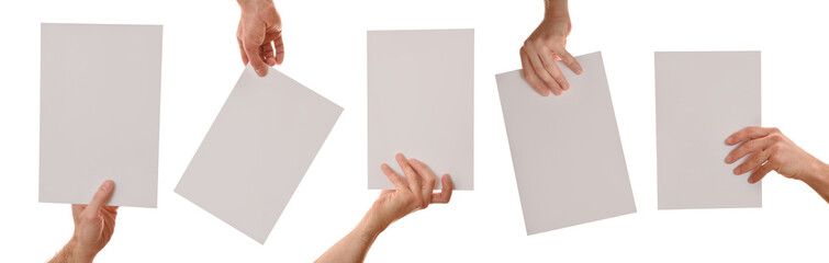 Set of five hands holding a white sheet a4