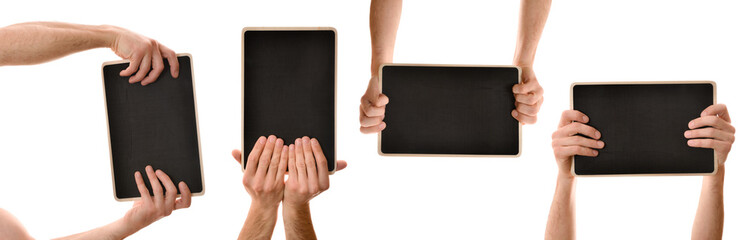 Set of hands catching blackboard with both hands isolated background