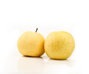 Two fresh pear fruits on white background ,  juicy fruit,
