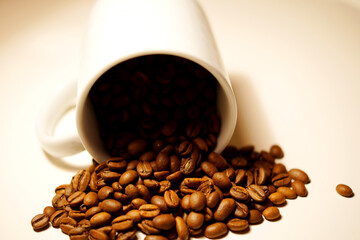 Kaffebohnen mit weißer Tasse.