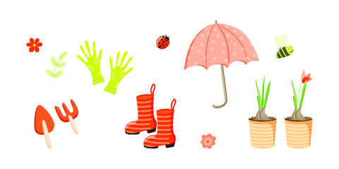Isolated elements on a white background. A set of garden tools, flowers, insects, garden tools, umbrella, gloves and boots. Domestic work. Life style. Garden. Spring. Vector in flat style. 