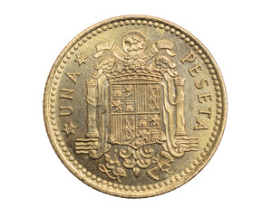 Spain one peseta coin on white isolated background