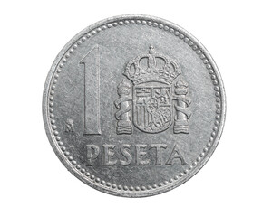 Spain one peseta coin on white isolated background