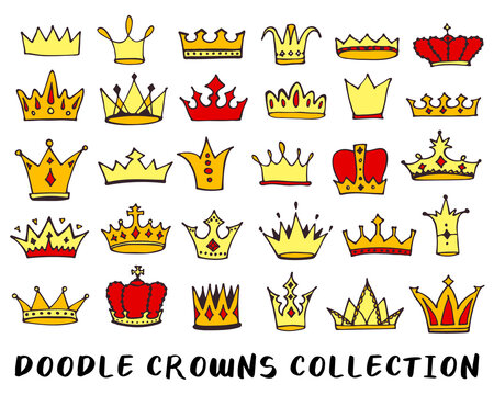 Crowns doodle drawing collection. Hand drawn queen, king or princess crown icons set isolated on white. Vector illustration