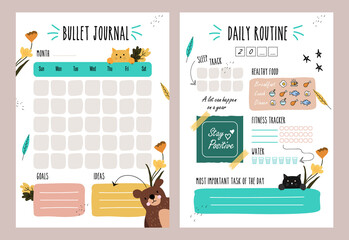 Minimalist planners. Daily, weekly, monthly planner template. Bullet Journal.   Cute and simple printable to do list. Business organizer page. Paper sheet. 