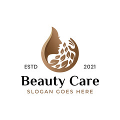 pure beauty care logo, beauty spa woman logo with leaf symbol