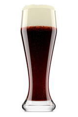 Frosty glass of fresh stout beer with bubble froth isolated on white background.
