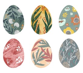 Easter eggs for easter day sweet and colorful with decoration floral patterns on white background. Set of colourful trendy acrylic decorated Easter Eggs for use in Easter designs.