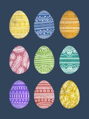 Easter eggs for easter day sweet and colorful with decoration patterns. Set of colourful watercolor decorated Easter Eggs for use in Easter designs. 